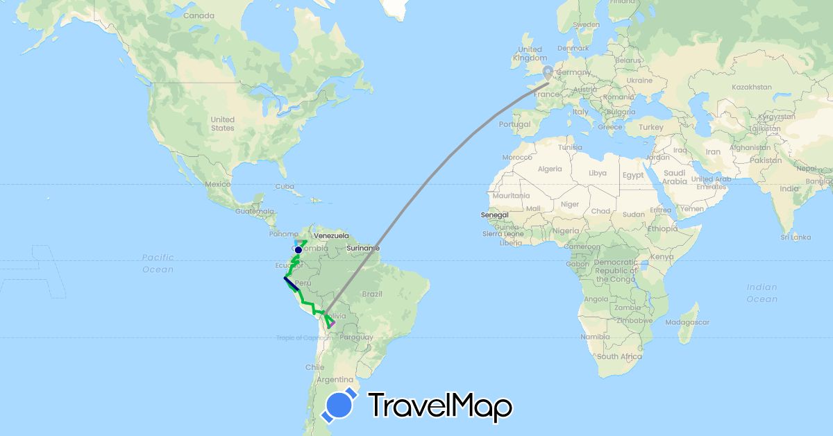 TravelMap itinerary: driving, bus, plane, train, hiking, boat in Bolivia, Colombia, Ecuador, France, Peru (Europe, South America)